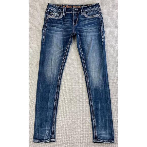 Rock Revival Jeans Yui Skinny Women's 29 Mid Rise Blue Denim Stretch Embellished - Picture 1 of 13
